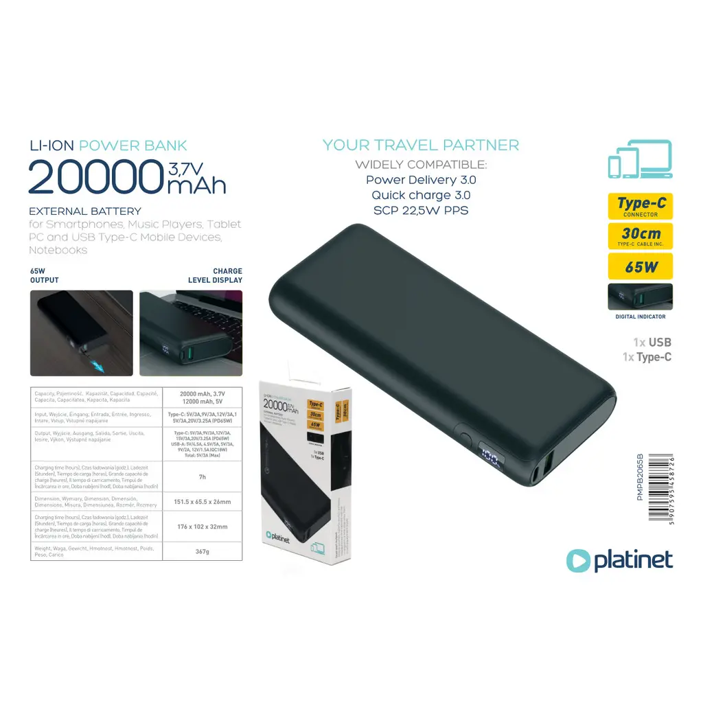 Power Bank 20000mAh PLATINET - PD 65W Quick charge 3.0-3